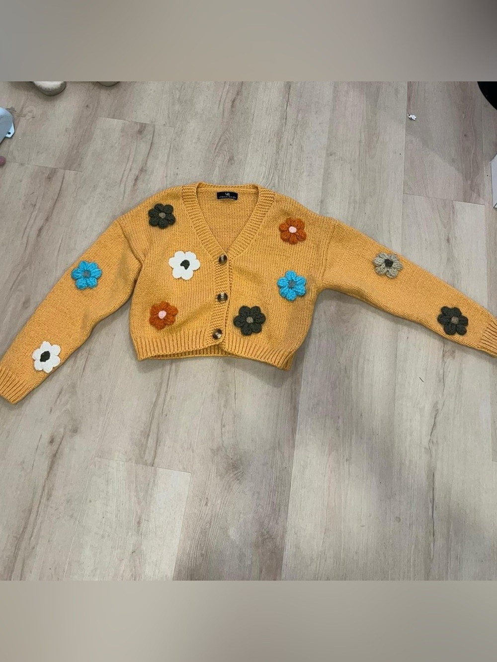 Mustard Yellow Flower Appliqué Cropped Cardigan